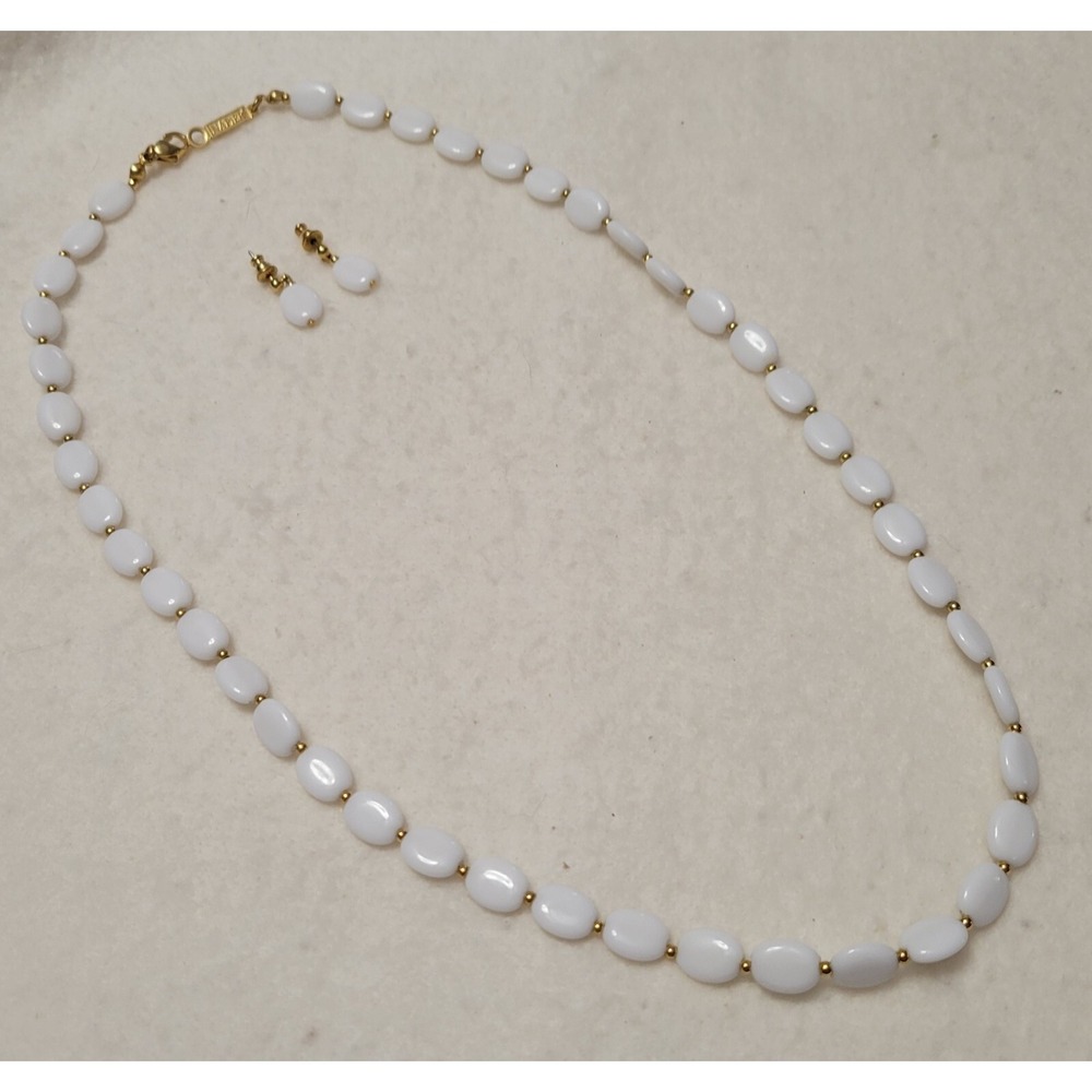 Vintage NAPIER Signed White & Gold Acrylic Bead 22" Necklace & Stud Earrings